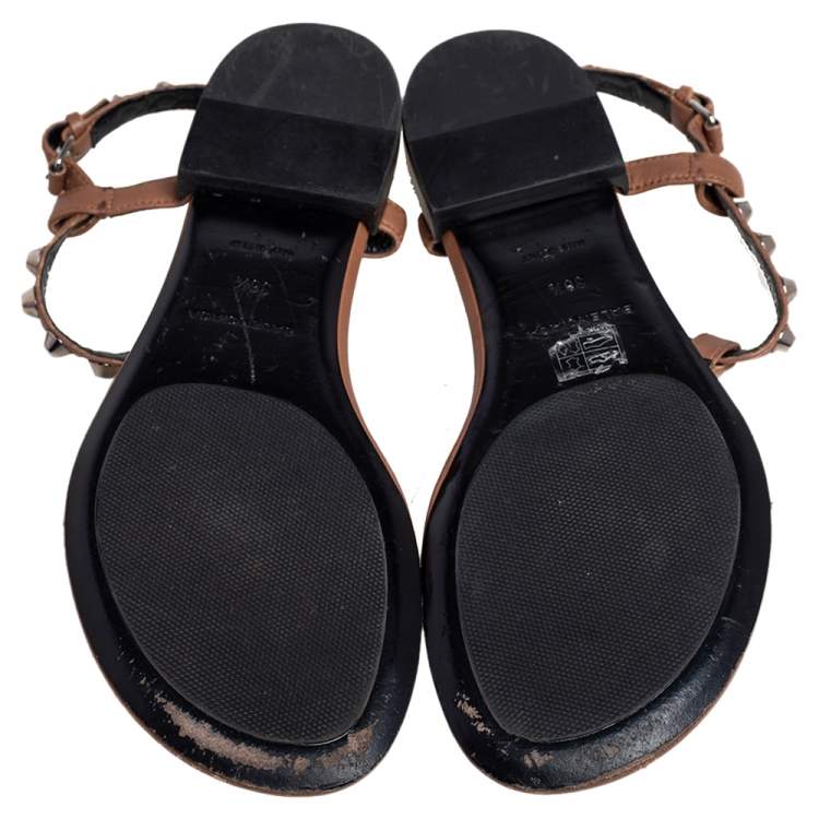 Pre Owned Balenciaga Brown Leather Arena Studded Thong Flats Size 38.5