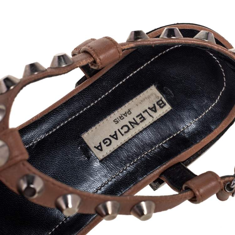 Pre Owned Balenciaga Brown Leather Arena Studded Thong Flats Size 38.5