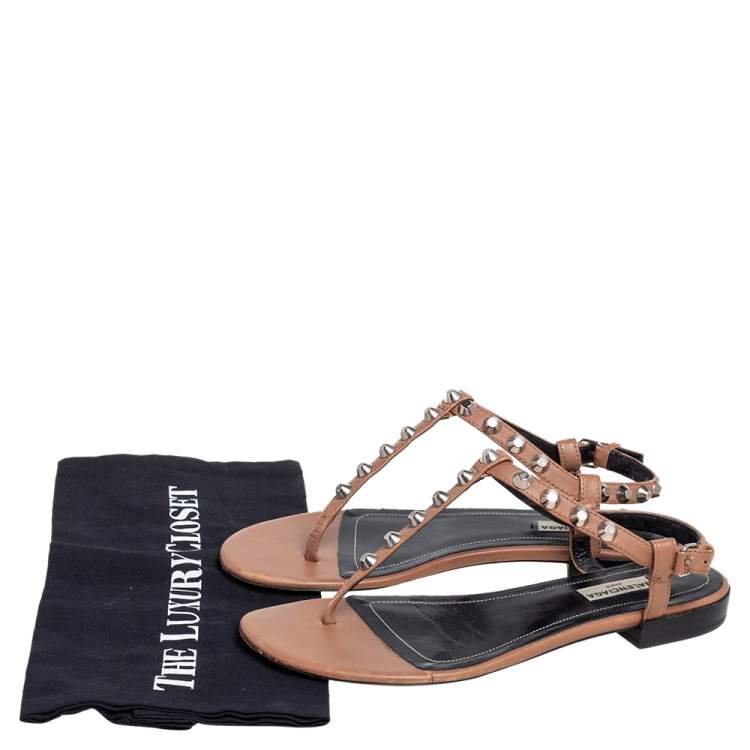 Pre Owned Balenciaga Brown Leather Arena Studded Thong Flats Size 38.5
