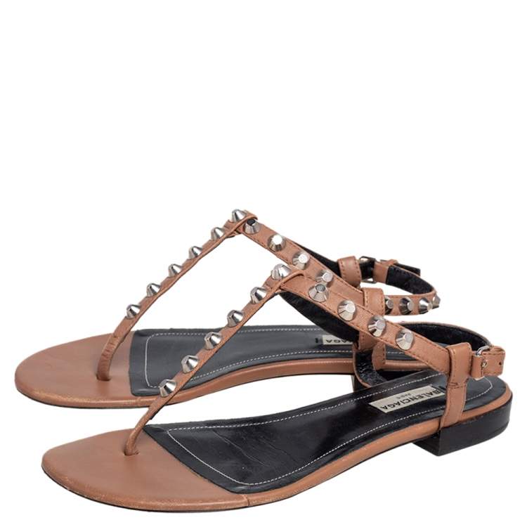 Pre Owned Balenciaga Brown Leather Arena Studded Thong Flats Size 38.5