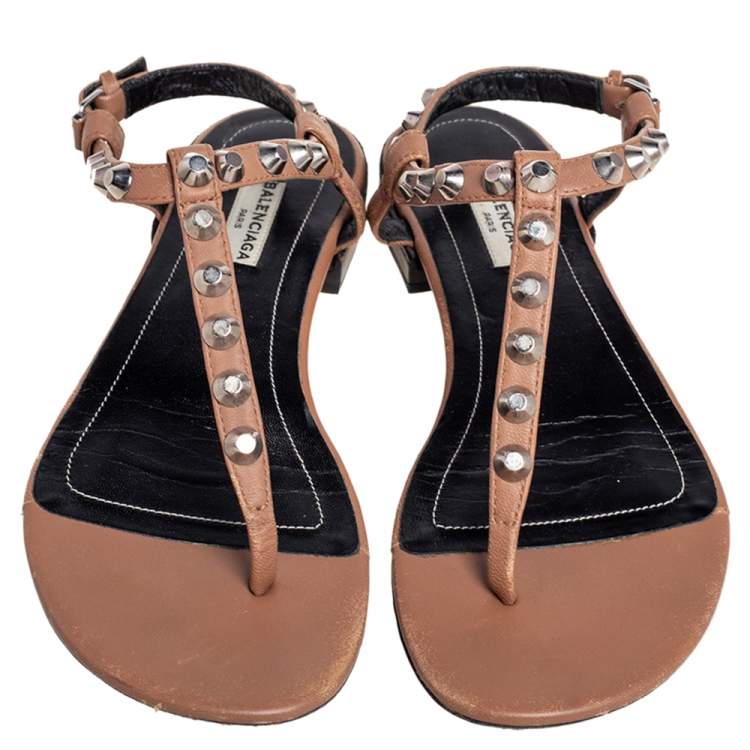 Pre Owned Balenciaga Brown Leather Arena Studded Thong Flats Size 38.5