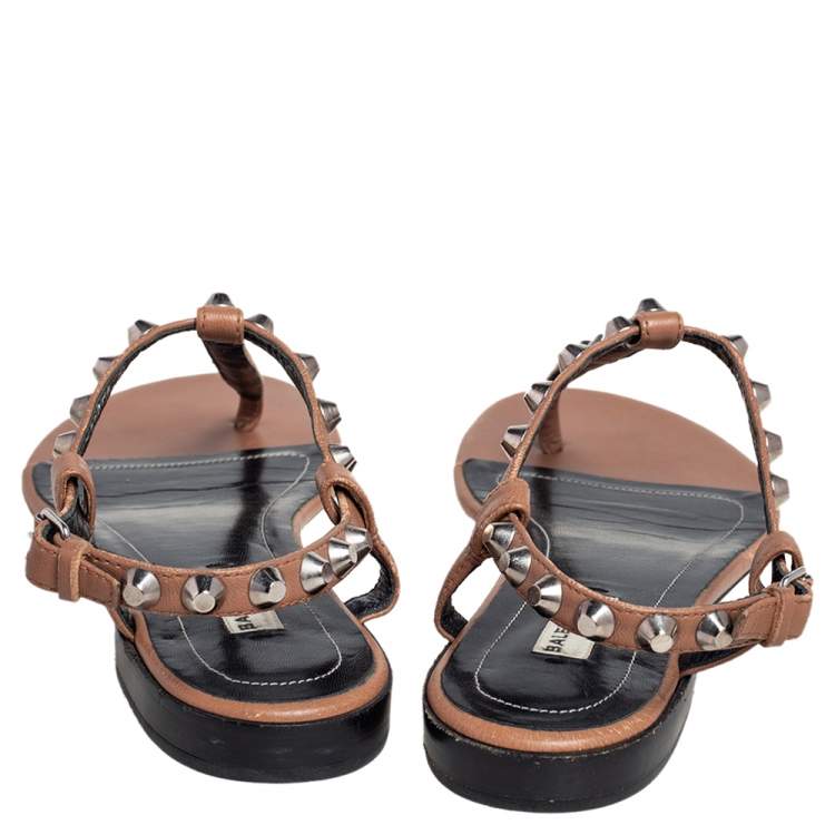 Pre Owned Balenciaga Brown Leather Arena Studded Thong Flats Size 38.5