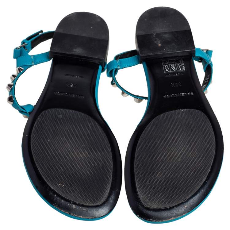 Pre Owned Balenciaga Teal Blue Leather Arena Studded Thong Sandals Size 38.5