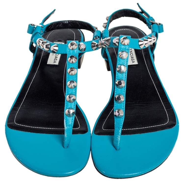 Pre Owned Balenciaga Teal Blue Leather Arena Studded Thong Sandals Size 38.5