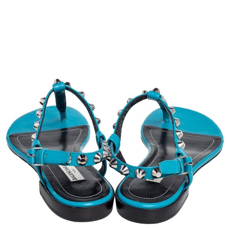 Pre Owned Balenciaga Teal Blue Leather Arena Studded Thong Sandals Size 38.5