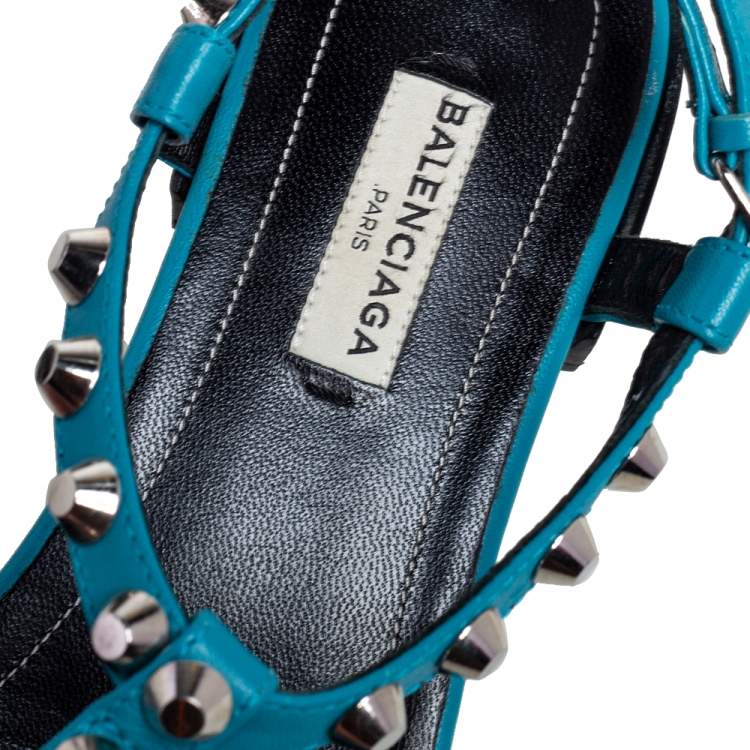 Pre Owned Balenciaga Teal Blue Leather Arena Studded Thong Sandals Size 38.5