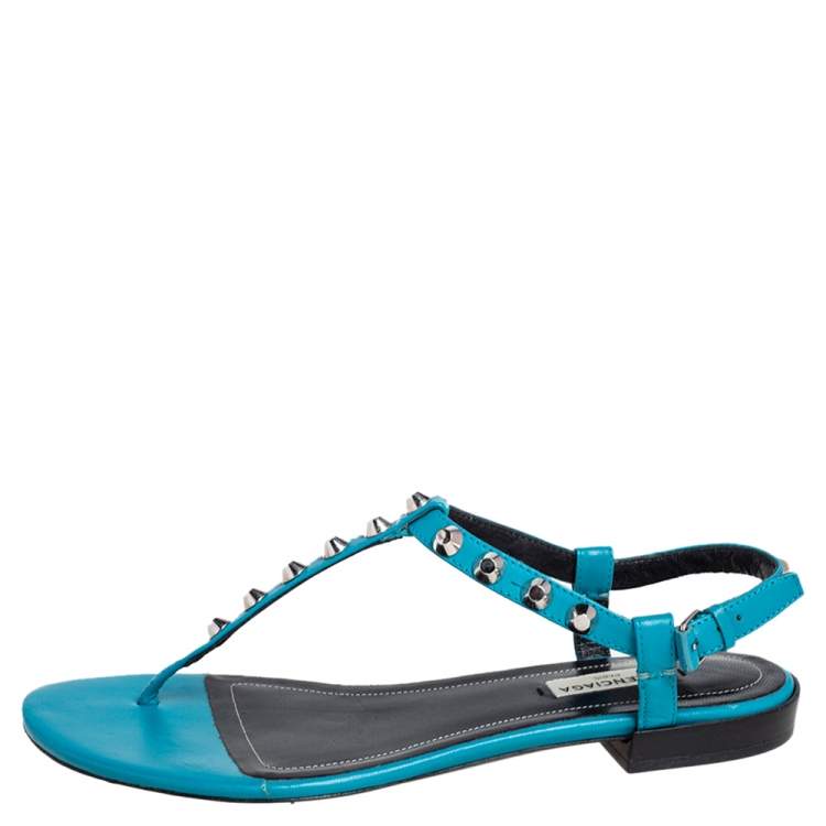 Pre Owned Balenciaga Teal Blue Leather Arena Studded Thong Sandals Size 38.5