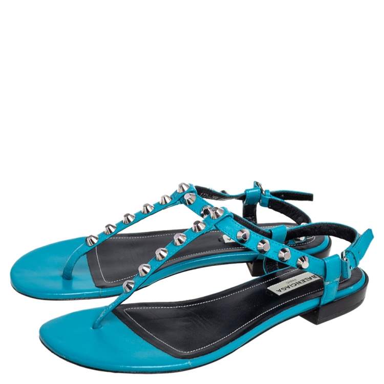 Pre Owned Balenciaga Teal Blue Leather Arena Studded Thong Sandals Size 38.5