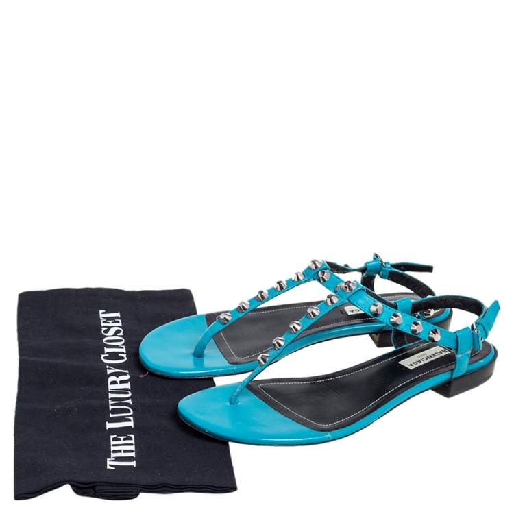 Pre Owned Balenciaga Teal Blue Leather Arena Studded Thong Sandals Size 38.5
