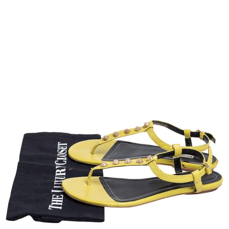 Pre Owned Balenciaga Yellow Leather Arena Studded Thong Sandals Size 38.5