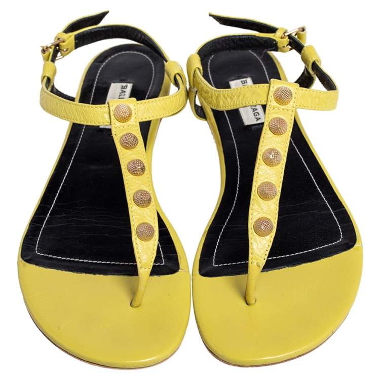 Pre Owned Balenciaga Yellow Leather Arena Studded Thong Sandals Size 38.5