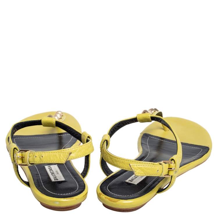 Pre Owned Balenciaga Yellow Leather Arena Studded Thong Sandals Size 38.5