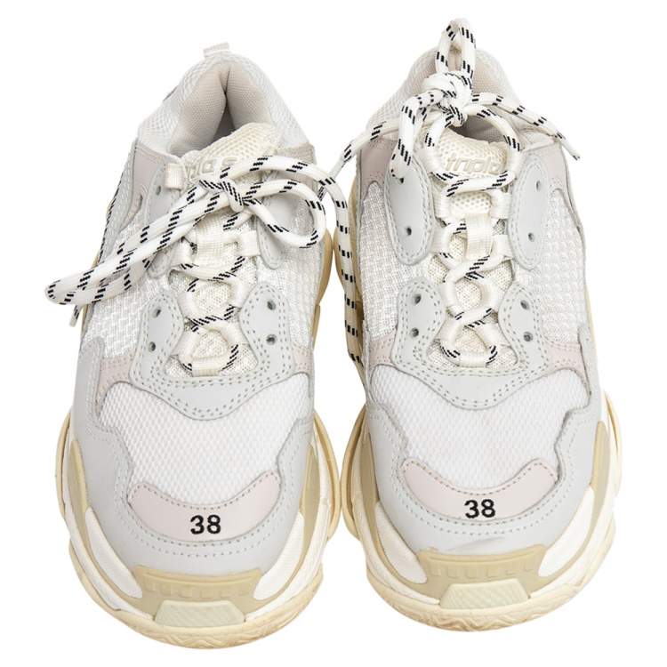 Pre Owned Balenciaga White/Grey Leather And Mesh Triple S Clear Sneakers 38