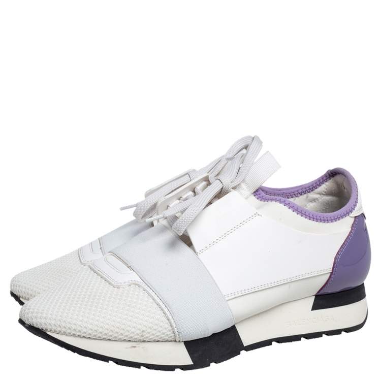 Pre Owned Balenciaga White/Lavender Leather And Mesh Race Runner Sneakers Size 38