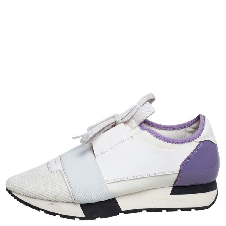 Pre Owned Balenciaga White/Lavender Leather And Mesh Race Runner Sneakers Size 38