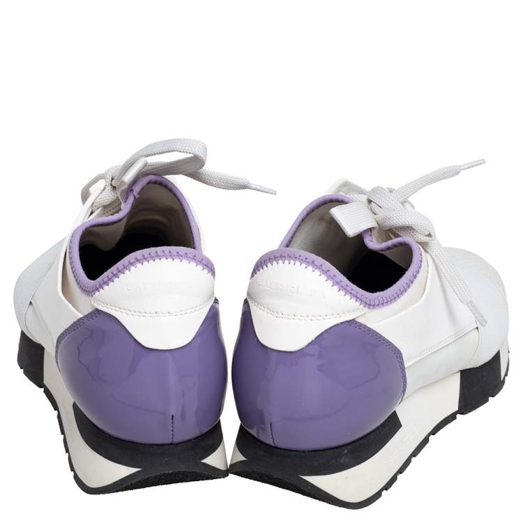 Pre Owned Balenciaga White/Lavender Leather And Mesh Race Runner Sneakers Size 38