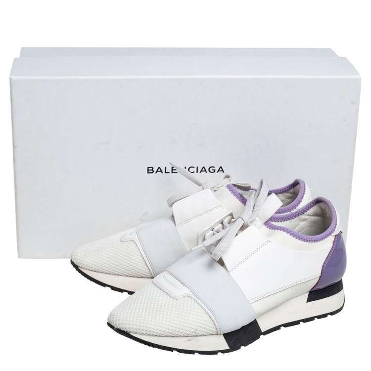 Pre Owned Balenciaga White/Lavender Leather And Mesh Race Runner Sneakers Size 38