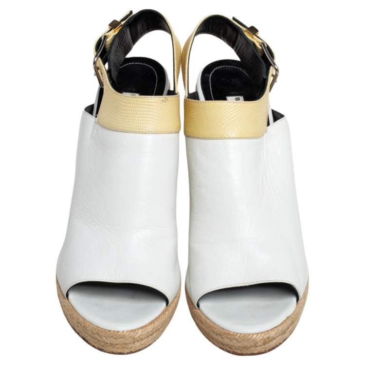 Pre Owned Balenciaga White/Yellow Leather Glove Espadrilles Wedge Sandals Size 41