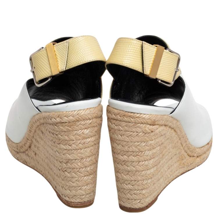 Pre Owned Balenciaga White/Yellow Leather Glove Espadrilles Wedge Sandals Size 41