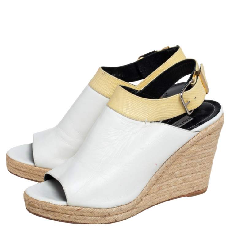 Pre Owned Balenciaga White/Yellow Leather Glove Espadrilles Wedge Sandals Size 41