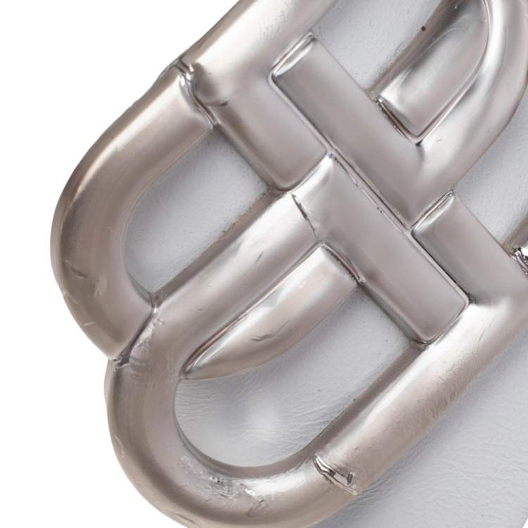 Pre Owned Balenciaga White Leather Oval Logo Block Heel Slide Sandals Size 37.5