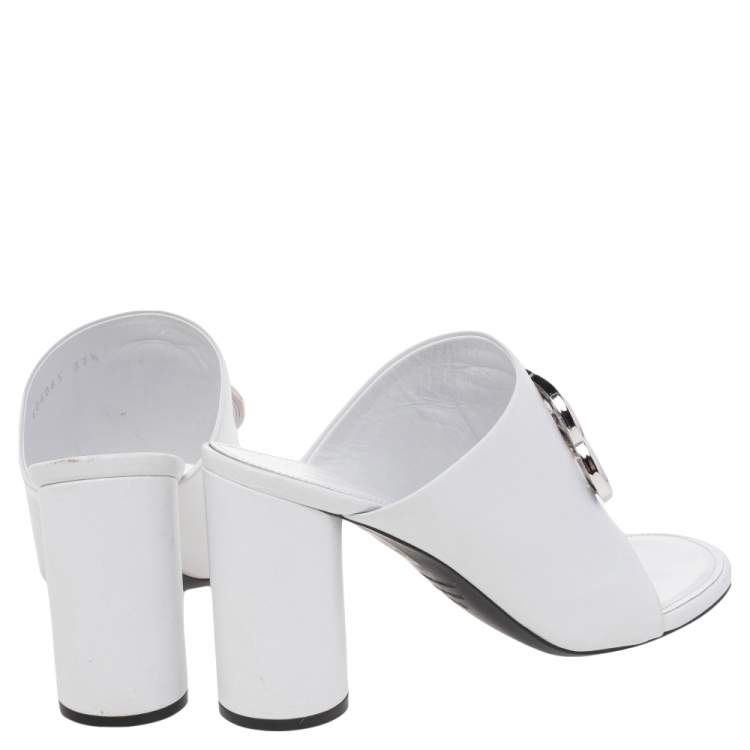 Pre Owned Balenciaga White Leather Oval Logo Block Heel Slide Sandals Size 37.5
