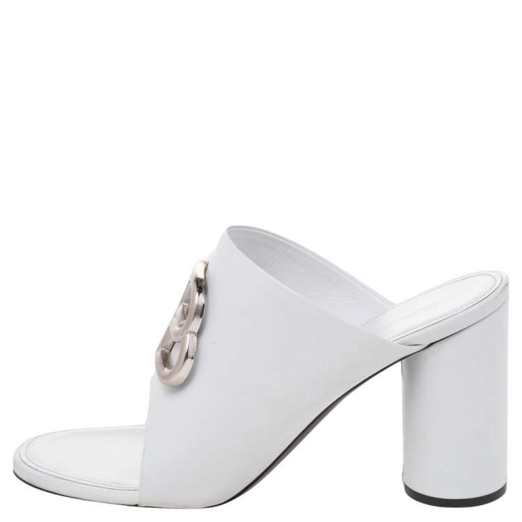 Balenciaga White Leather Oval Logo Block Heel Slide Sandals Size