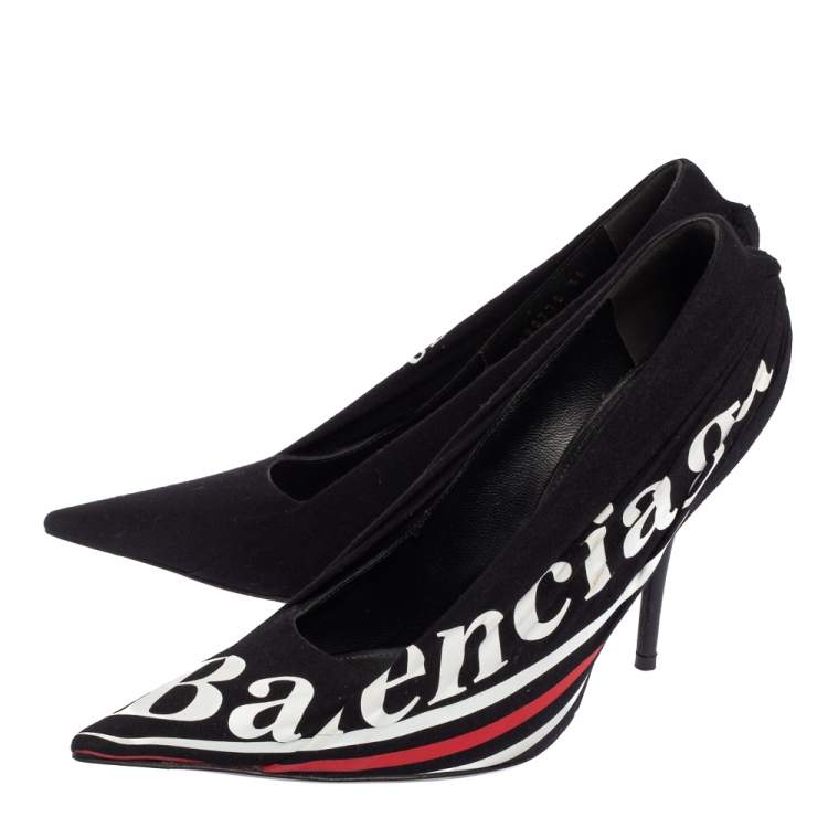 Pre Owned Balenciaga Black Fabric And Leather Knife Logo Pointed Toe Pumps Size 36