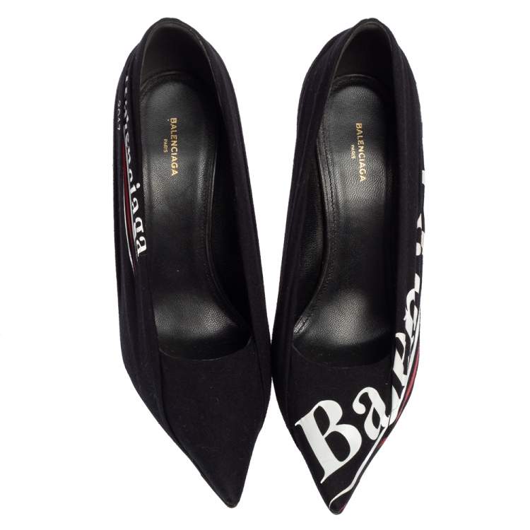 Pre Owned Balenciaga Black Fabric And Leather Knife Logo Pointed Toe Pumps Size 36