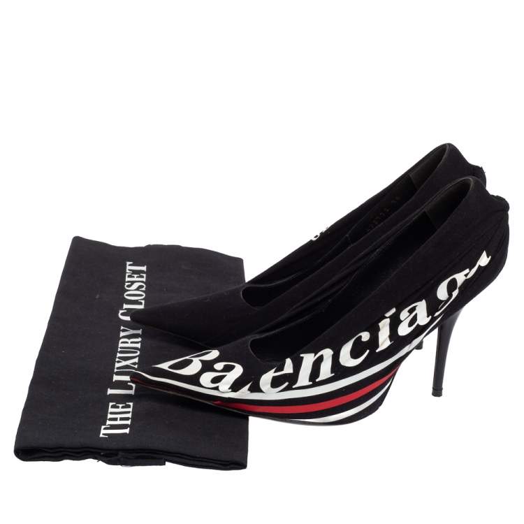 Pre Owned Balenciaga Black Fabric And Leather Knife Logo Pointed Toe Pumps Size 36