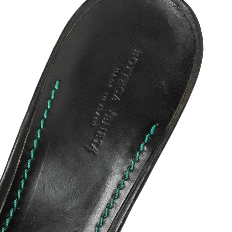 Pre Owned Bottega Veneta Green/Black Raffia And Leather  Open Toe Slide Sandals Size 41