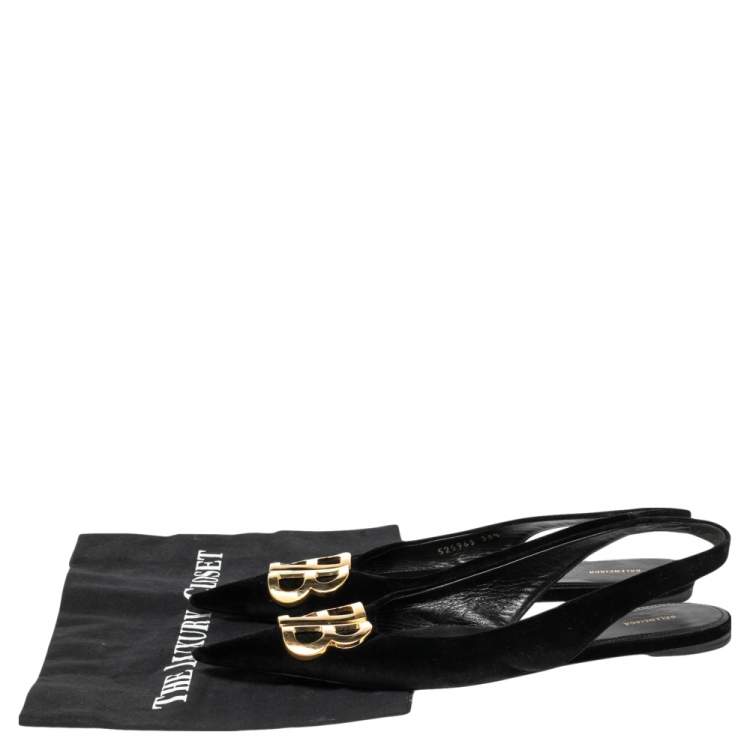 Pre Owned Balenciaga Black Suede BB Knife Slingback Flat Sandals Size 38.5