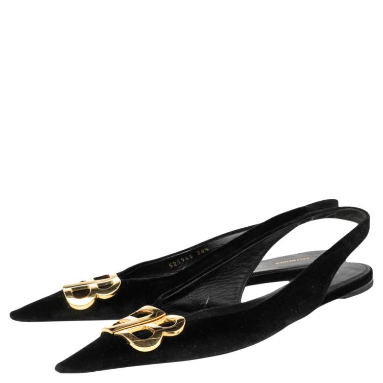 Pre Owned Balenciaga Black Suede BB Knife Slingback Flat Sandals Size 38.5