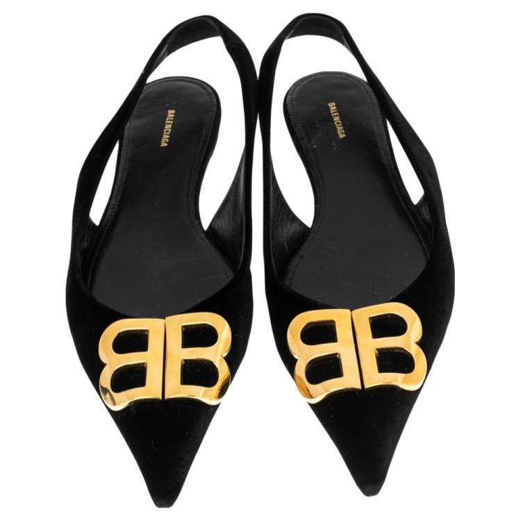 Pre Owned Balenciaga Black Suede BB Knife Slingback Flat Sandals Size 38.5