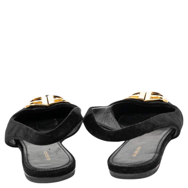 Pre Owned Balenciaga Black Suede BB Knife Slingback Flat Sandals Size 38.5