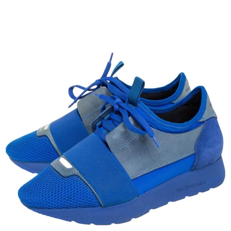 Pre Owned Balenciaga Blue/Grey  Leather, Mesh Race Runner  Sneakers Size 36