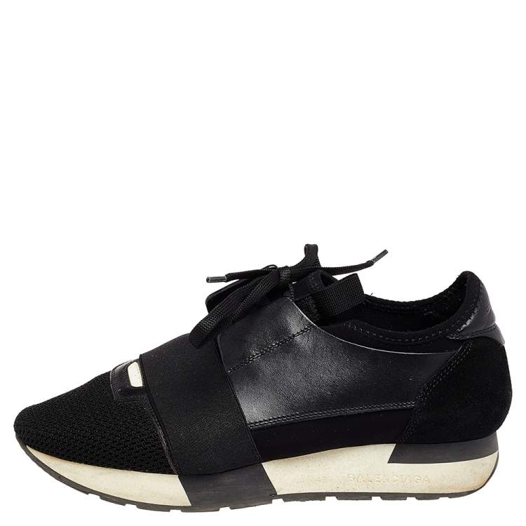 Pre Owned Balenciaga Black Leather And Mesh Race Runner Low Top Sneakers Size 37