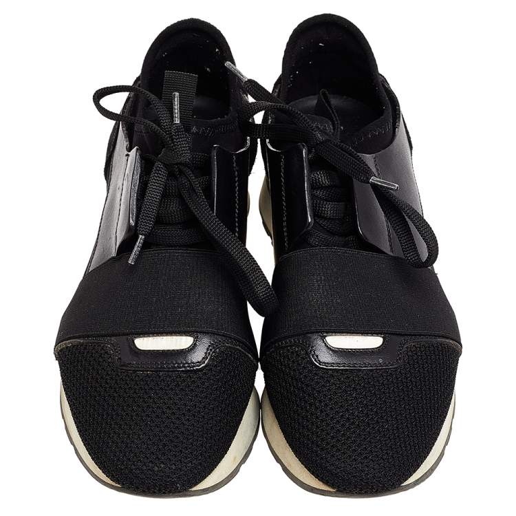 Pre Owned Balenciaga Black Leather And Mesh Race Runner Low Top Sneakers Size 37