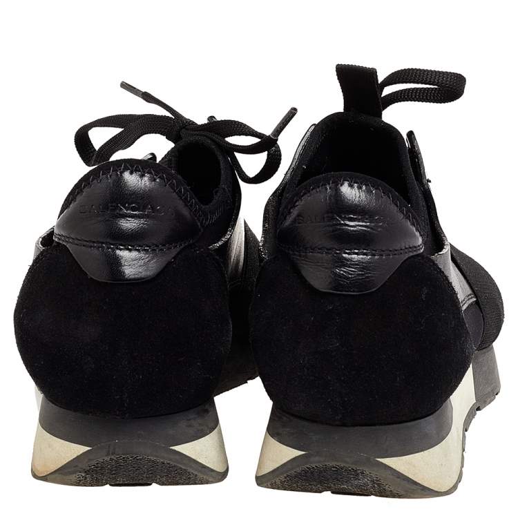 Pre Owned Balenciaga Black Leather And Mesh Race Runner Low Top Sneakers Size 37