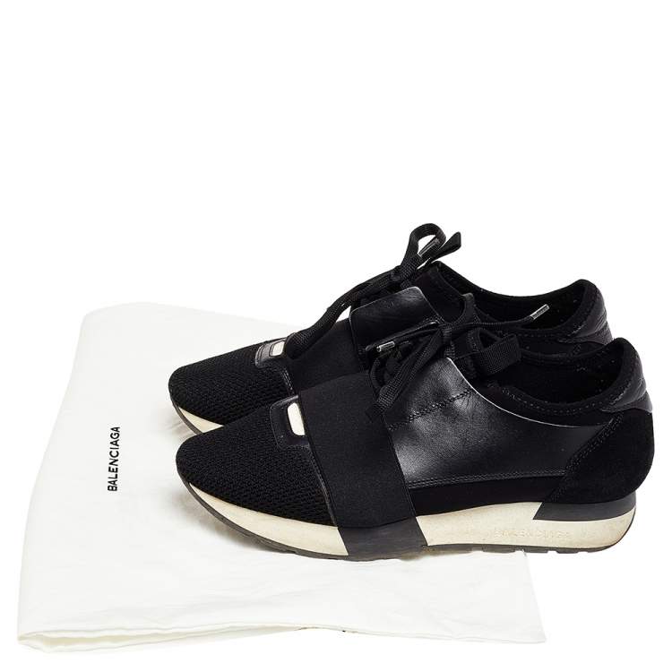 Pre Owned Balenciaga Black Leather And Mesh Race Runner Low Top Sneakers Size 37