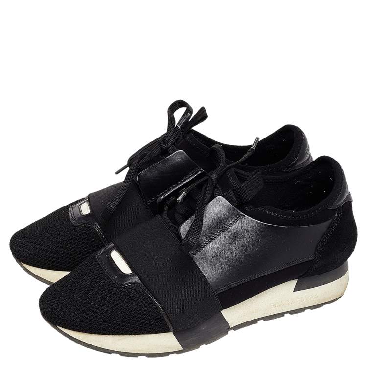 Pre Owned Balenciaga Black Leather And Mesh Race Runner Low Top Sneakers Size 37