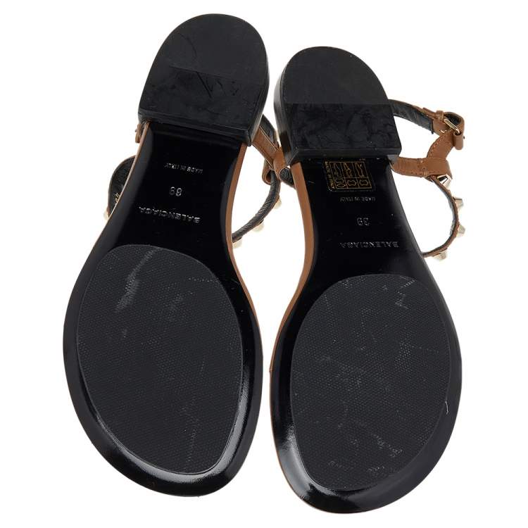 Pre Owned Balenciaga Brown Leather Arena Studded Strappy Flat Thong Sandals Size 39