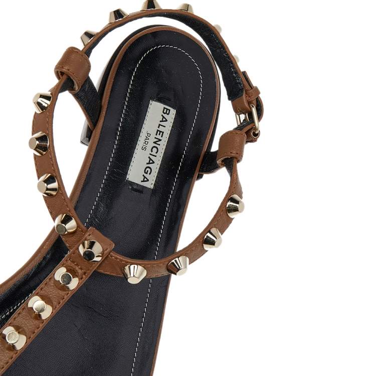 Pre Owned Balenciaga Brown Leather Arena Studded Strappy Flat Thong Sandals Size 39
