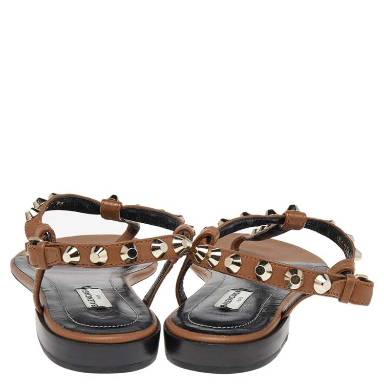 Pre Owned Balenciaga Brown Leather Arena Studded Strappy Flat Thong Sandals Size 39