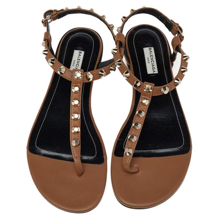 Pre Owned Balenciaga Brown Leather Arena Studded Strappy Flat Thong Sandals Size 39