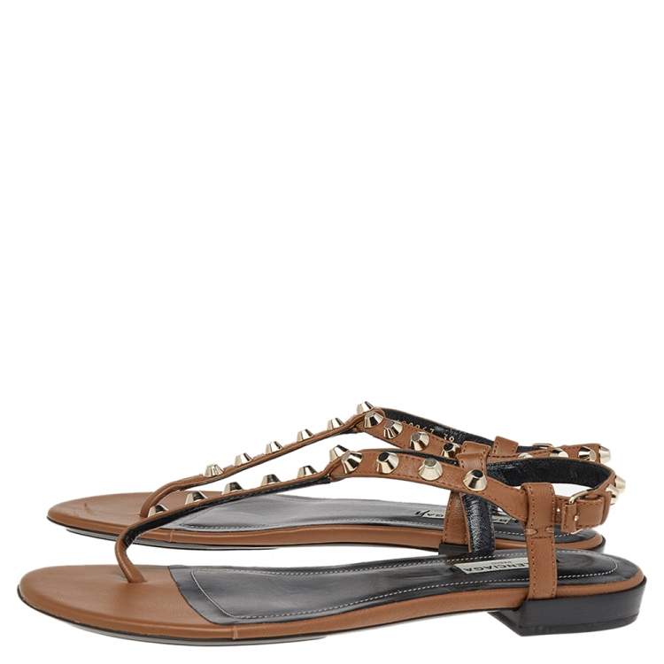 Pre Owned Balenciaga Brown Leather Arena Studded Strappy Flat Thong Sandals Size 39