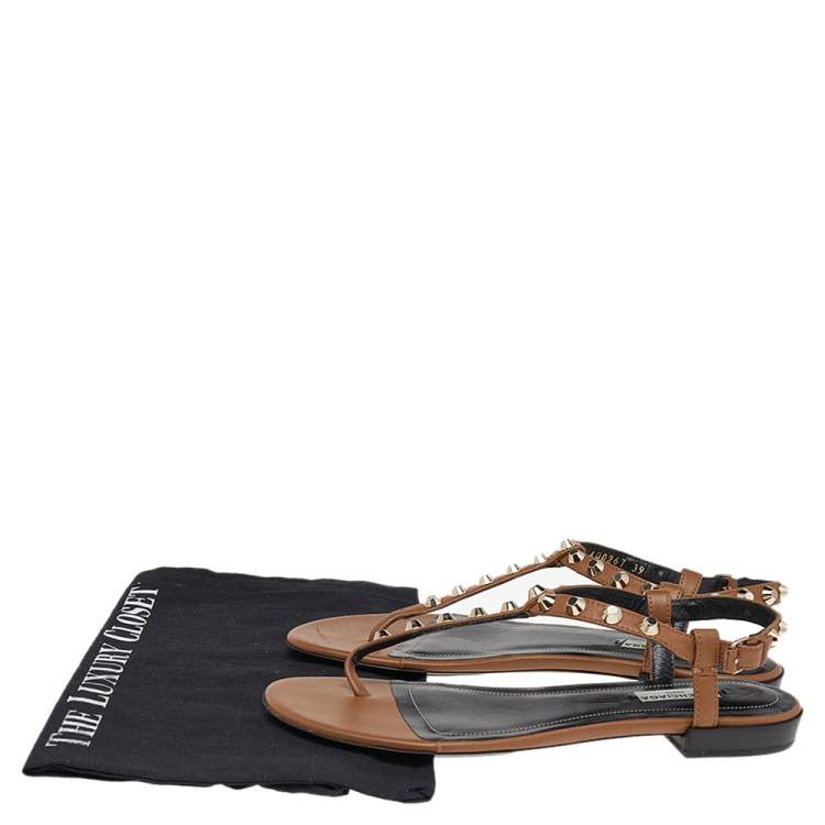 Pre Owned Balenciaga Brown Leather Arena Studded Strappy Flat Thong Sandals Size 39