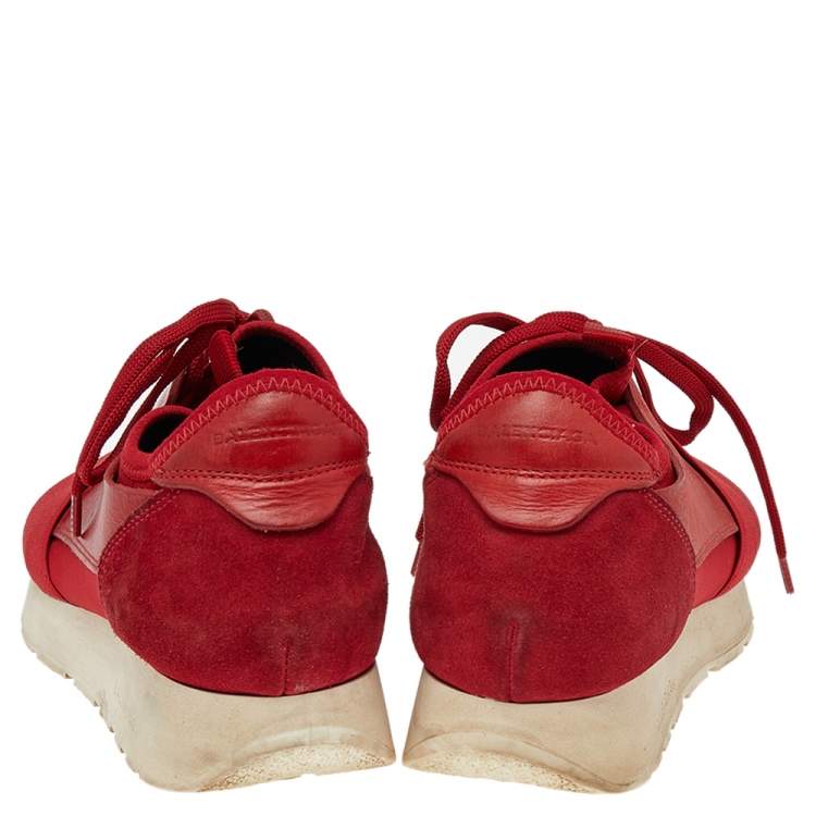 Pre Owned Balenciaga Red Mesh,Leather and Suede Race Runner Low Top Sneakers Size 38