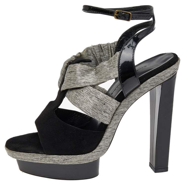 Pre Owned Balenciaga Black/Grey Fabric And Suede Open Toe Slingback Sandals Size 36