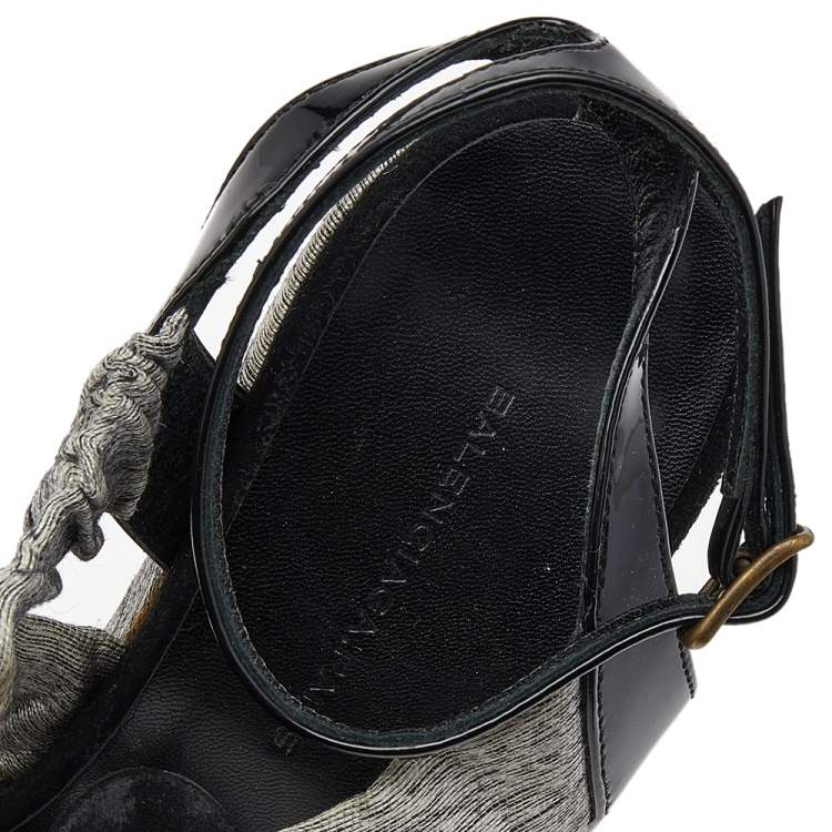 Pre Owned Balenciaga Black/Grey Fabric And Suede Open Toe Slingback Sandals Size 36